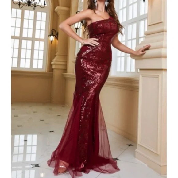 Luxurious sequins one shoulder mesh evening party formal gown dress - Picture 11 of 13